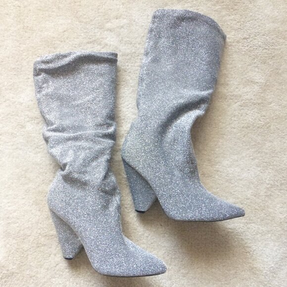 Qupid Shoes - QUPID soft silver knit metallic boots